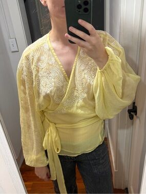 ASOS Light Yellow Embroidered Wrap Blouse